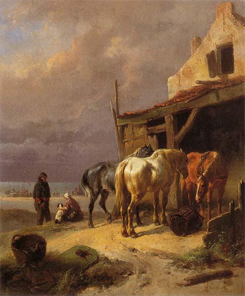 Wouterus Verschuur Draught horses resting at the beach Germany oil painting art